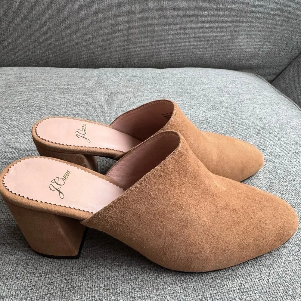J Crew Ashen Brown Suede High Block-Heel Mules Clogs Shoes Women's Sz 6